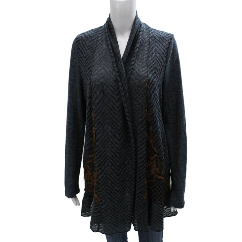 High Secret Women Cardigan Blue Acrylic Herringbone Collared Long Sleeve Size S